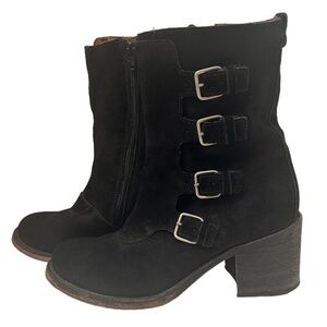 JL J. Litvack Moto Boots Booties Black Suede Four Buckle Chunky Stacked Heel